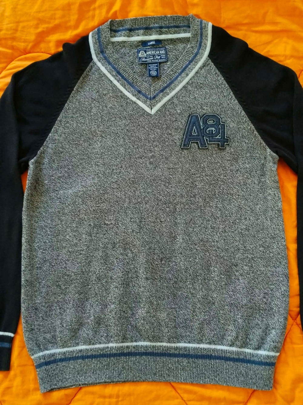 American Rag Gray V-Neck Sweater with Navy Sleeves and Blue Trim